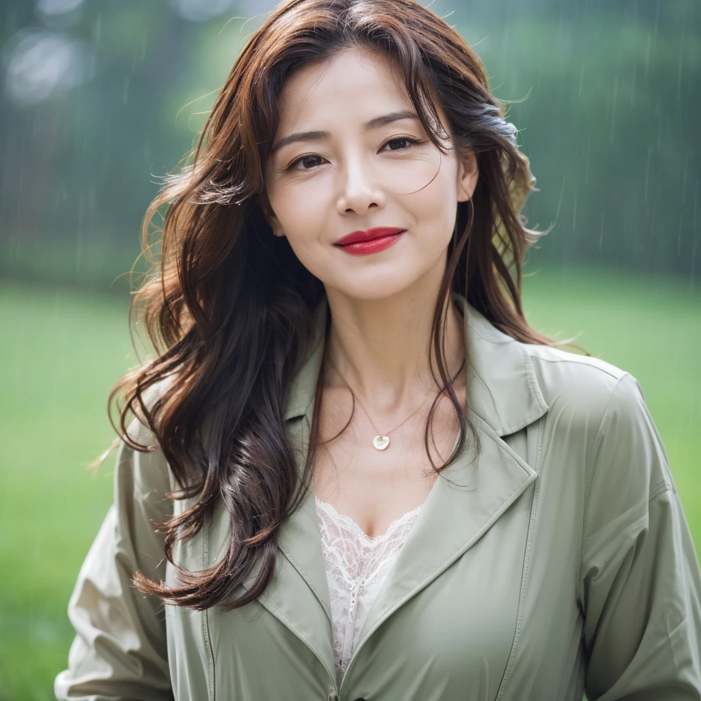 Beautiful mature woman with beautiful wavy long hair, Sexy Mature, Wet with rain, Wink, Red lipstick, Ultra-high resolution,(Realistic:1.4), ((Highest quality)), ((masterpiece)), (be familiar with),