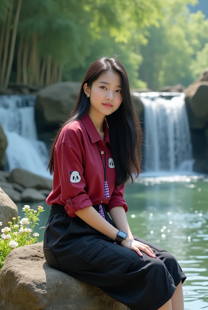 Beautiful Korean girl with smooth white skin, well-groomed face, thin smile long black hair tassel,purple, white checkered ruby red shirt , white panda pattern t-shirt,black cropped pants,Lots of pockets. Cool watch, Posing sitting on a rock beside a very beautiful and exotic waterfall, under the waterfall the river looks calm, stones in the water , On the banks of the river there are small, very beautiful flowers. The flowers look real., green bamboo forest background, sunlight penetrates through the gaps in the bamboo trees, original photo,HD,