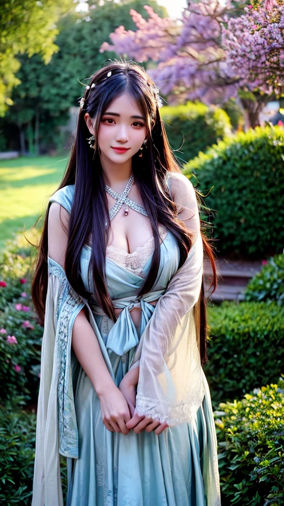 garden,On the grass,an oriental girl,long hair shawl,Miansha on the face,Big breasts,earrings,Wearing an ancient Han Dynasty mini lace skirt,Chest gemstone jewelry,坐在On the grass,