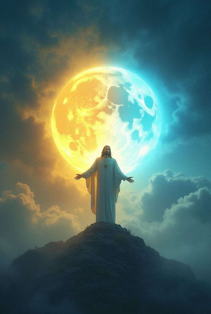 Yellow moon on the left side and blue sun on the right side with resurrected Jesus