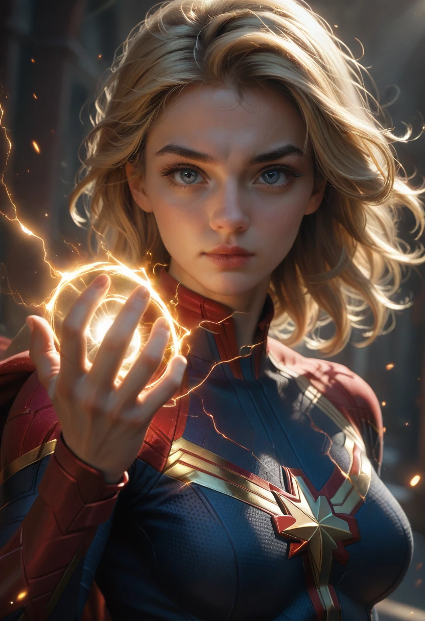 a female superhero,captain marvel,energy being held emitting from her outsrtechted hands and bodyand body using all her power to melt her and kill her enemy ,powerful and y pose,cinematic lighting,vivid colors,cinematic composition,beautiful detailed eyes,beautiful detailed lips,extremely detailed face and body,long eyelashes, long blonde hair ,volumetric energy effects,dramatic shadows,glowing energy aura,cinematic camera angle,hyper realistic,8k,high quality,detailed rendering,digital art,concept art style