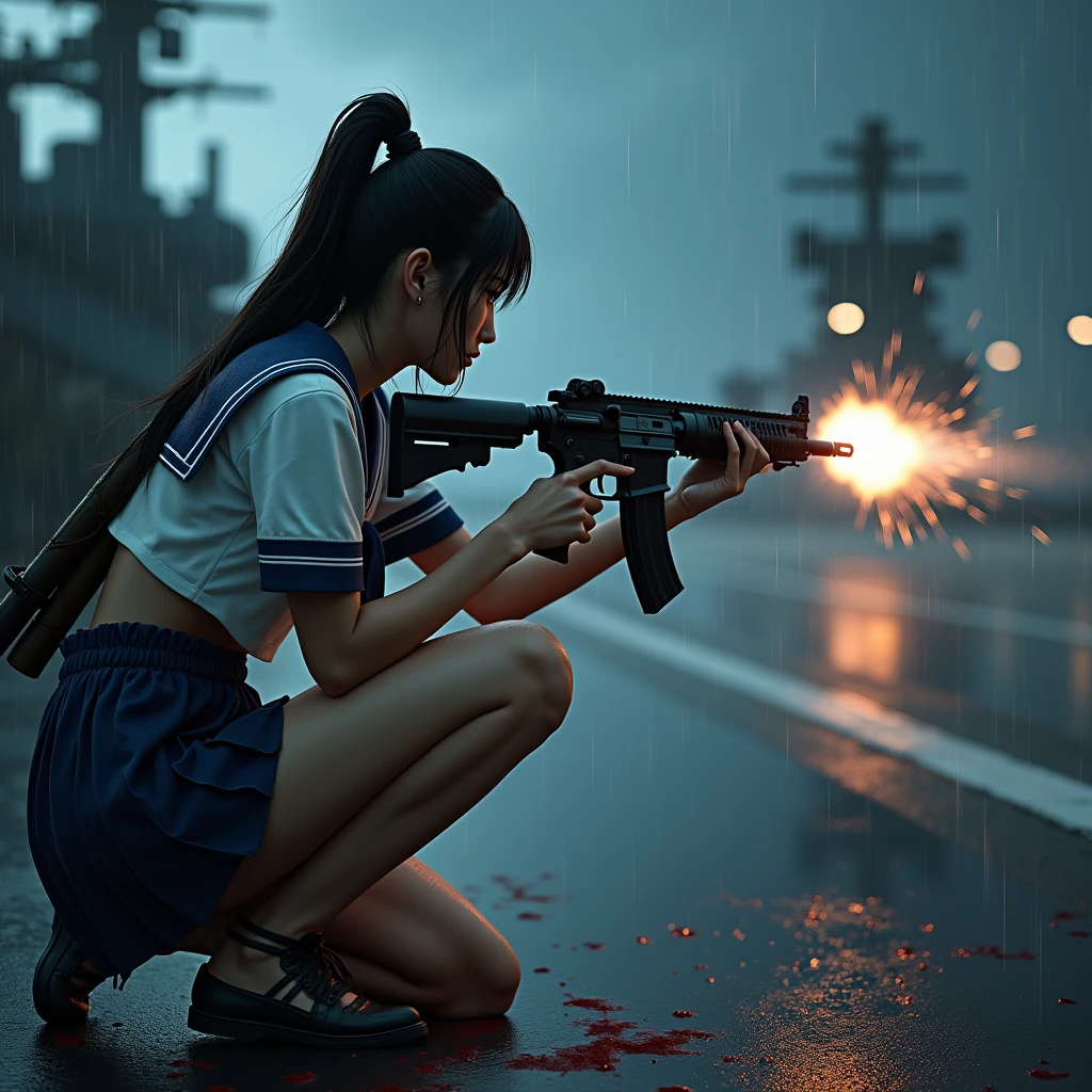 Browsing Caution:-2, Photorealistic, Highly realistic photos, (Highest quality:1.37), 32K resolution, (Realistic:1.37), (Ultra-realistic:1.37), High resolution UHD, Realistic, crouching:1.37, Beautiful Army, (Has an assault rifle:1.37), (Point the assault rifle at the enemy:1.37), Anatomically correct5Finger, Front view:1.5, Close your lips, Wet clothes:1.37, Wet Skin:1.37, Wet Hair:1.37, Dark red blood flows from the body:1.37, Portrait of a Japan woman:1.21, School uniforms, Sailor uniforms from famous Tokyo Metropolitan High Schools, Short sleeve clothing, Short-sleeved sailor uniform:1.21, sera fuku:1.21, The upper body is wearing a uniform:1.21, Navy blue micro skirt, With a Japanese sword on his back;1.21, Brown Hair, Bob Cut Hair, Beautiful hair blowing in the wind, On the deck of an aircraft carrier at night, At night, (With the bridge in the background:1.21), (Helicopter ship:1.21), Pouring rain:1.6, In the storm at night:1.5, In a storm:1.5, Shining tracer bullets, cigarette, haze, inflammation, Sparks fly, be attacked by the enemy:1.21, Justice, Responsibility, Students in the 1970s, Cute Japanese woman's face:1.21, Sharp eyebrows:1.37, Active photos, Retro Photography, Dynamic and cinematic lighting,