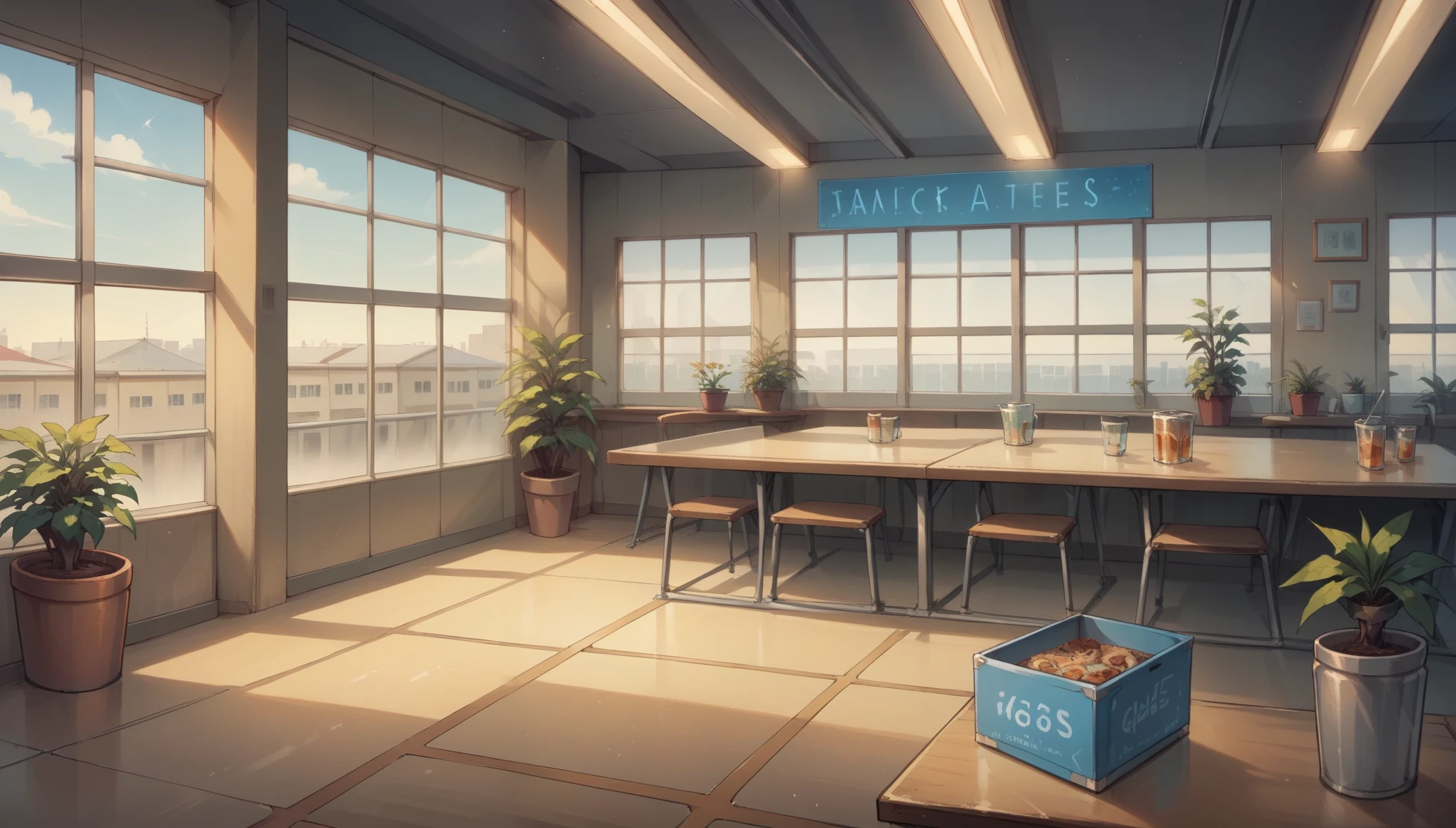"A spacious, modern school cafeteria with a bright and welcoming atmosphere. The floor is tiled with large, polished stones, and the walls are painted in vibrant, cheerful colors. Long, communal tables are arranged neatly throughout the space, with comfortable chairs that can easily be moved around. At one end, there’s a serving area with a variety of food options displayed behind glass, from healthy salads to hot meals, all arranged in an appetizing way. The serving stations are sleek, with stainless steel accents and digital menu boards overhead. Large windows let in plenty of natural light, and there are potted plants scattered around to give the space a fresh feel. The overall atmosphere is lively, clean, and designed to accommodate a large number of students comfortably."