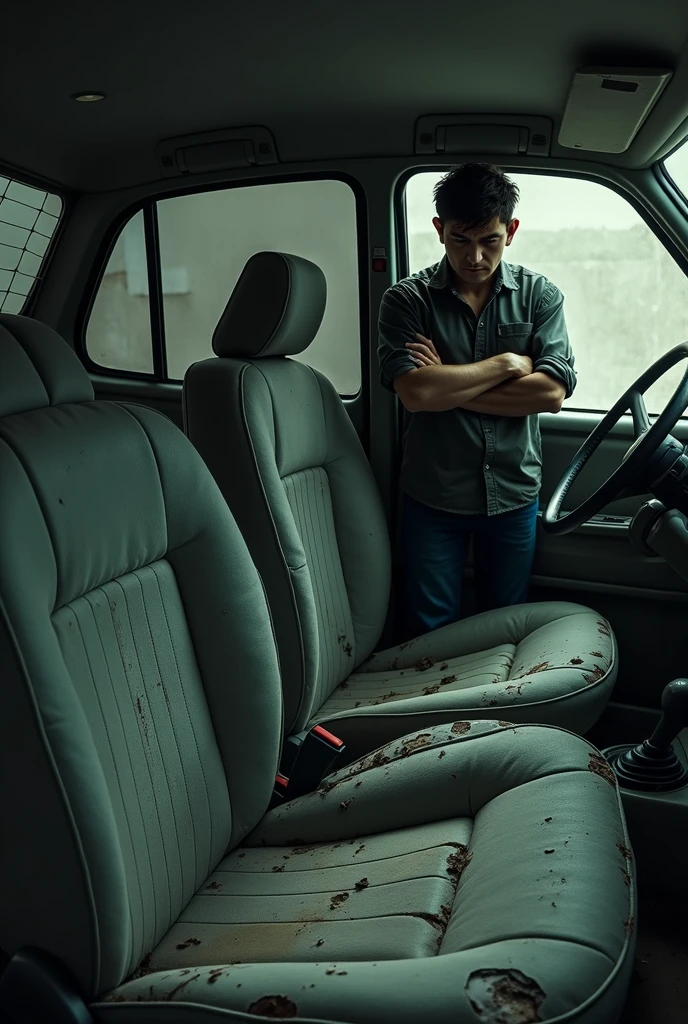 Make a picture of the inside of a car where the seats are full of holes and broken parts and next to it there is a sad or crying man. 
