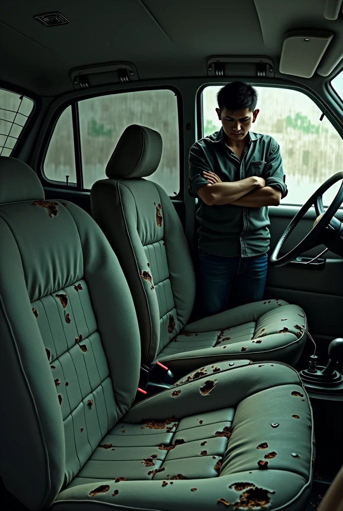 Make a picture of the inside of a car where the seats are full of holes and broken parts and next to it there is a sad or crying man. 