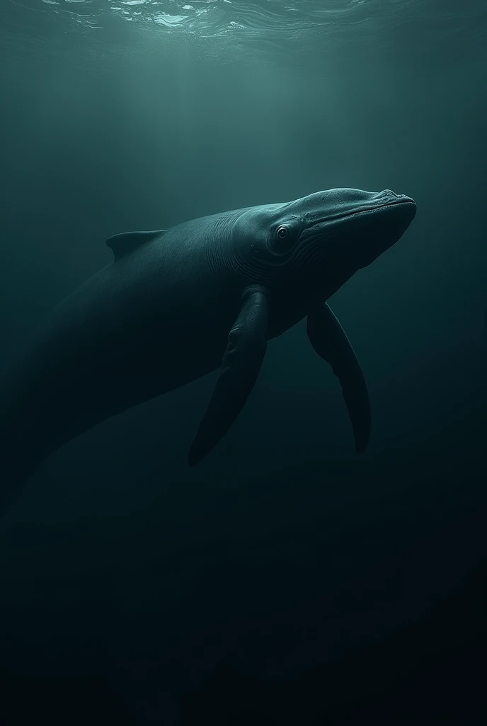 Draw a picture of a whale underwater in a dark and chilling sea, the photo must be of 1 person
