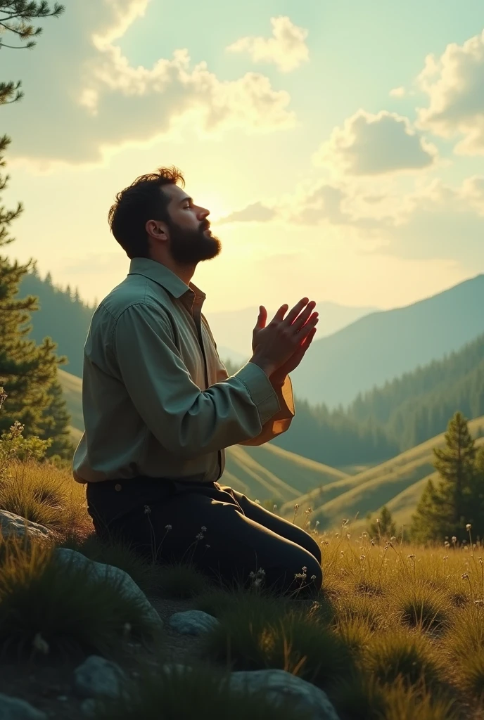 Christian man praying to God with his head DOWN and his HANDS up in a country place