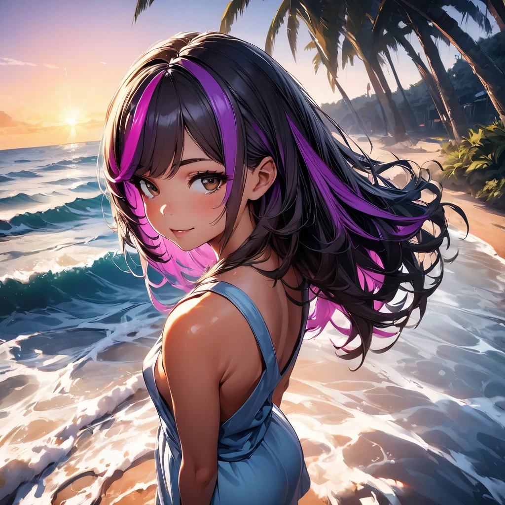 (highest quality:1.2, Very detailed, up to date, Vibrant, Ultra-high resolution, High Contrast, masterpiece:1.2, highest quality, Best aesthetics), super wide angle, Portraiture、girl、surfer, solo, (25-years-old:1), Bright colors、Beautiful fine details、Beautiful lip detail, long hair、black and purple ((streaked hair:1.6)), highlights hair: 1.5, brown eyes, ((slim body:1.4)), (small breast:0.7), (dark skin:0.5), summer dress, loose fit, standing tropical beach:1, parm trees, from behind:2, looking beautiful sunset, Backlit, ((rear view:1)), look away:1, (full body:1.5),