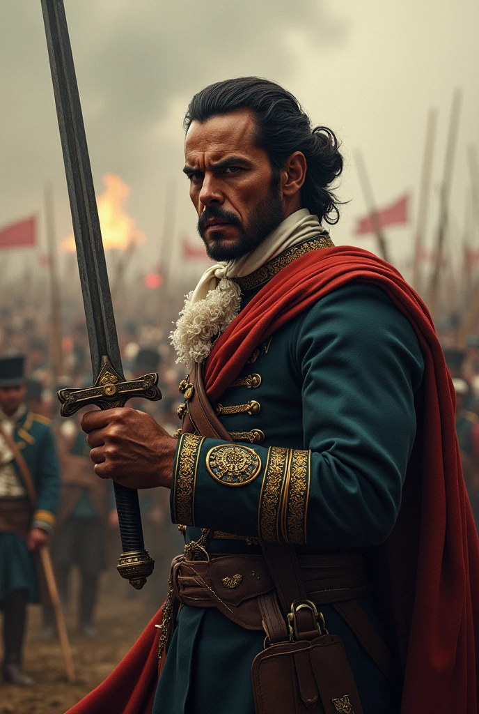 Create an image of Simon Bolivar with a sword and fighting that looks super realistic for a cover without a background