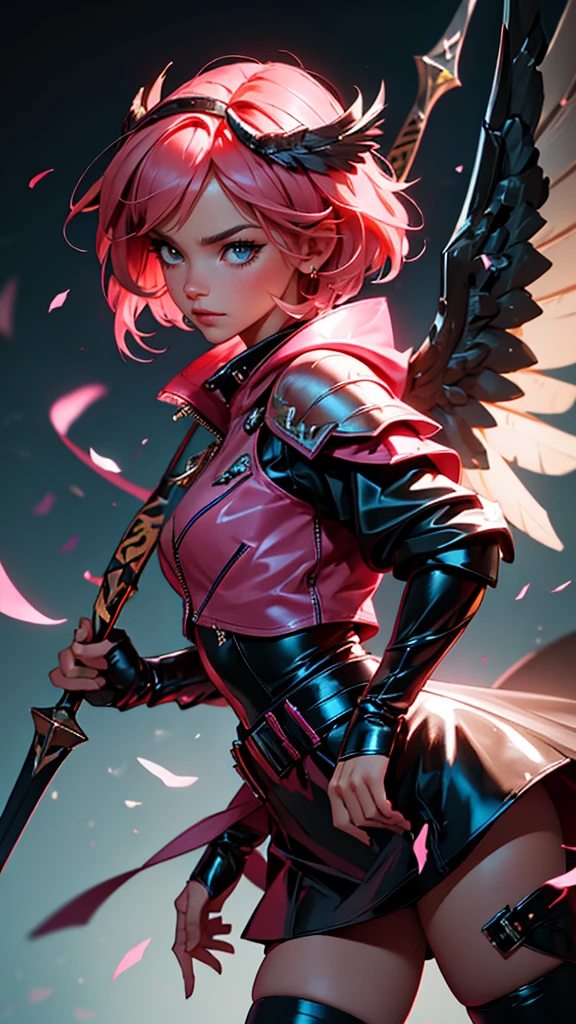 envision a 8k, highres, cinematic, beautiful close up portrait of a hawk woman with pretty mature features posing with a halberd with short pink hair, wings on head, a black shiny skirt, black tights, flight jacket, leather armor, magic effects in dark lighting, against a dark gray background