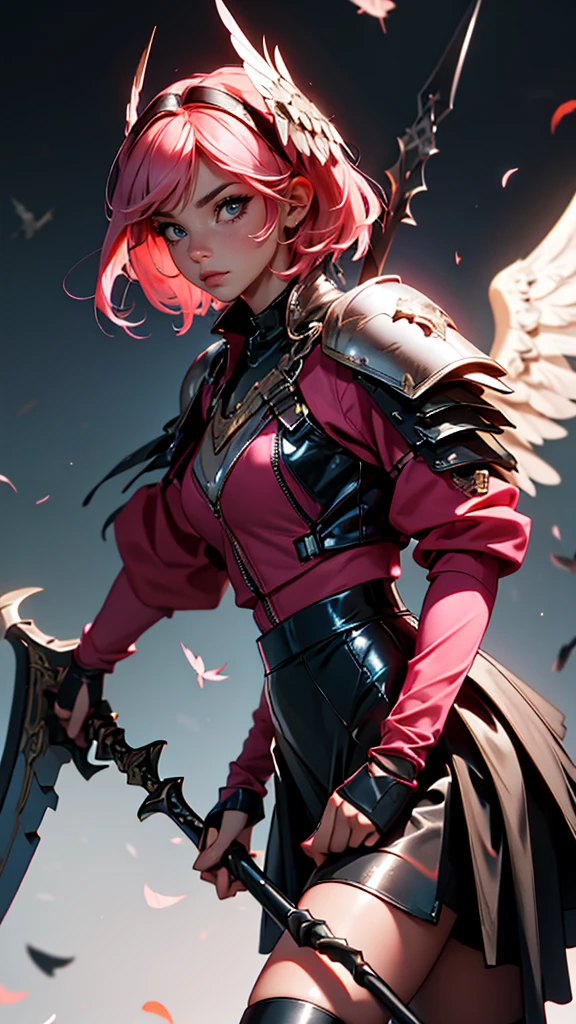 envision a 8k, highres, cinematic, beautiful close up portrait of a hawk woman with pretty mature features posing with a halberd with short pink hair, wings on head, a black shiny skirt, black tights, flight jacket, leather armor, magic effects in dark lighting, against a dark gray background