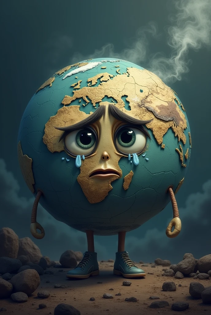 Create a cute image of planet Earth crying super destroyed and very burned