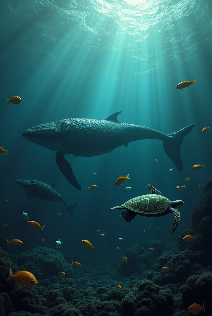 Create an image where marine animals are swimming and some dying due to the oil that is thrown into the ocean.