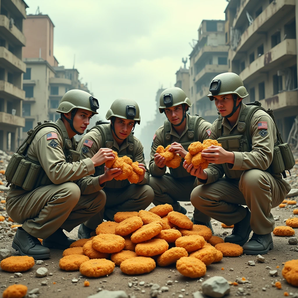  Draw US soldiers eating giant chicken nuggets in the middle of a very destroyed city