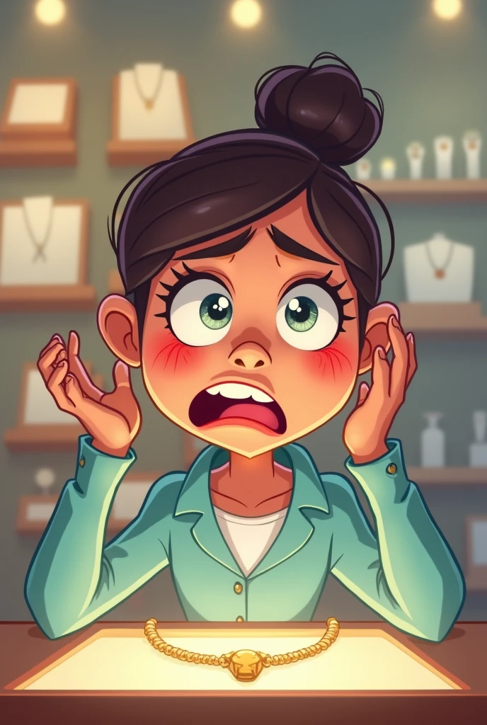 Scared woman looking at empty display case without her necklace cartoon style