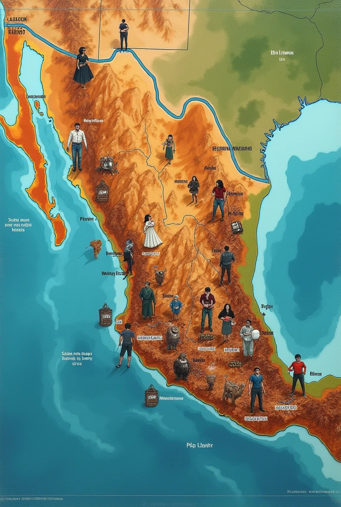 Map of the Mexican Republic colleague with realistic inhabitants of each region