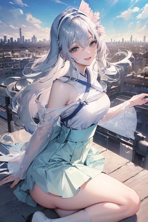 Official Art, masterpiece, Clear focus, (Beautiful, gorgeous and lovely Korean woman:1.3), (Beautiful and cute Korean:1.3), Korean beauty, Exquisite and beautiful hair、Eyes and face, Practical, Extremely detailed, beautiful girl, Blue sky, Glowing white particles, (Side Light:1.2), Sunlight, White Cloud, Detailed clouds, slim, Very cute big and big butt, Smile with teeth bared, ((Smile with your eyes, Open your eyes)), landscape, Long and straight hair, Sexy,architecture, (city View:1.7), Dynamic Hair, very Long and straight hair, Detailed platinum silver hair, Green eyes, Short pink skirt, White socks, Pale skin, Hair accessories, epic landscape,Skirt lifted up