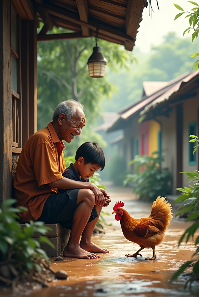 An old Malay man with a smile sitting on the veranda watching his grandson play with the chicken on the wet floor in the morning in a MALAY village