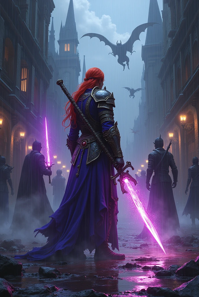 Redhead, Purple armor, light bearer warriors, Medieval city, dark, Fight, amazing, war, Surrealism, 8k, Super Detail, war, Fight against demons, darkness, Horror, rain