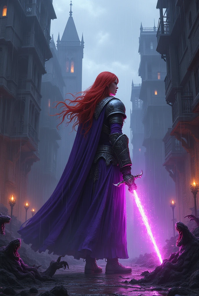 Redhead, Purple armor, light bearer warriors, Medieval city, dark, Fight, amazing, war, Surrealism, 8k, Super Detail, war, Fight against demons, darkness, Horror, rain