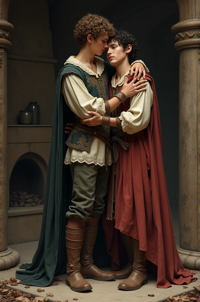 Create an image of a boy with short curly hair, a little tall, with Renaissance-era clothing and a boy with slightly curly hair hugging him with some wounds and torn clothes with black veins.