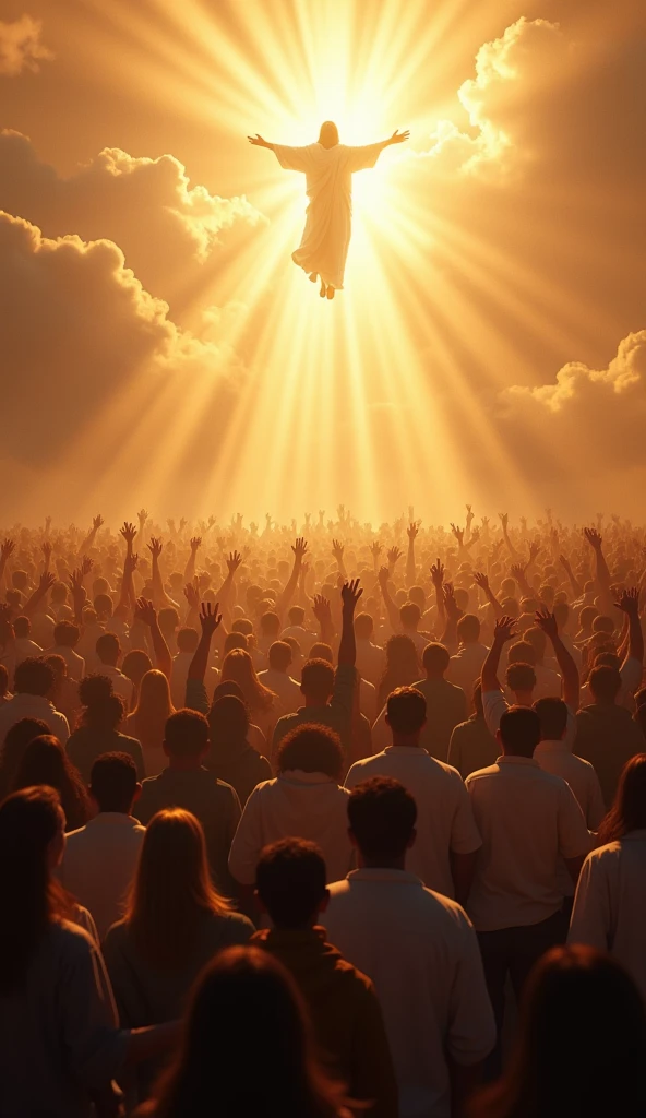 "A large crowd of believers being lifted into the sky, meeting Jesus in the clouds, surrounded by a golden light, symbolizing the moment of rapture."