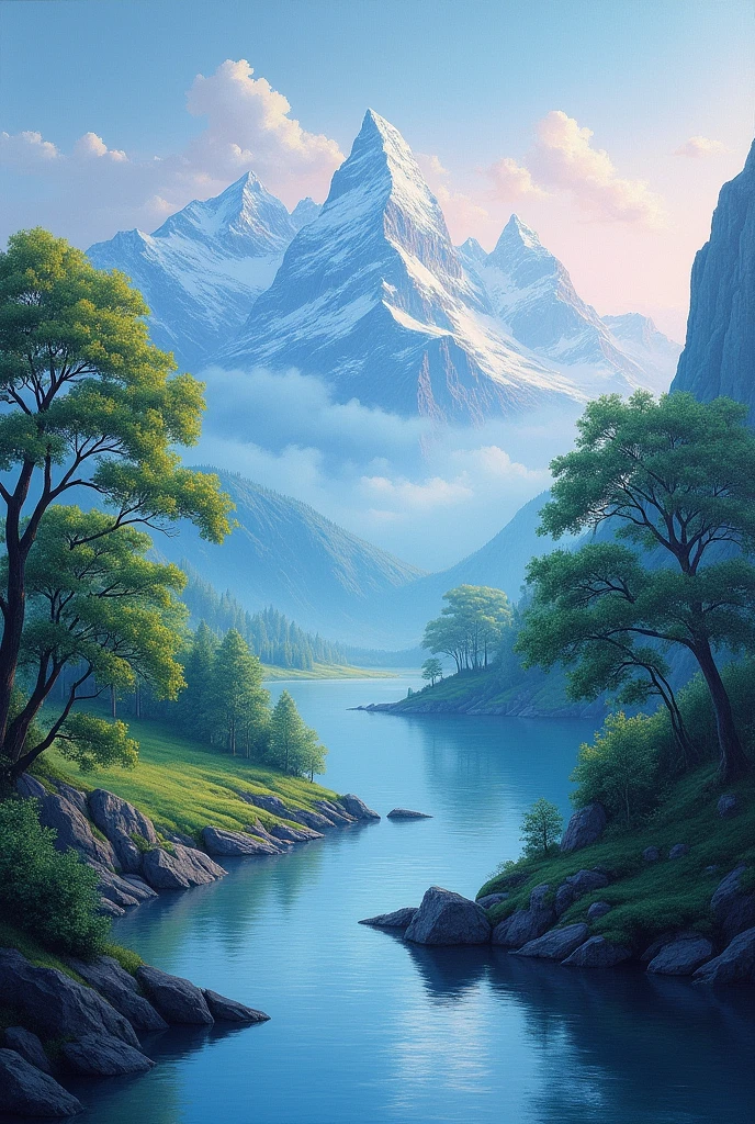 painting of a landscape with 5 mountains in the background and trees and a river in the front 
