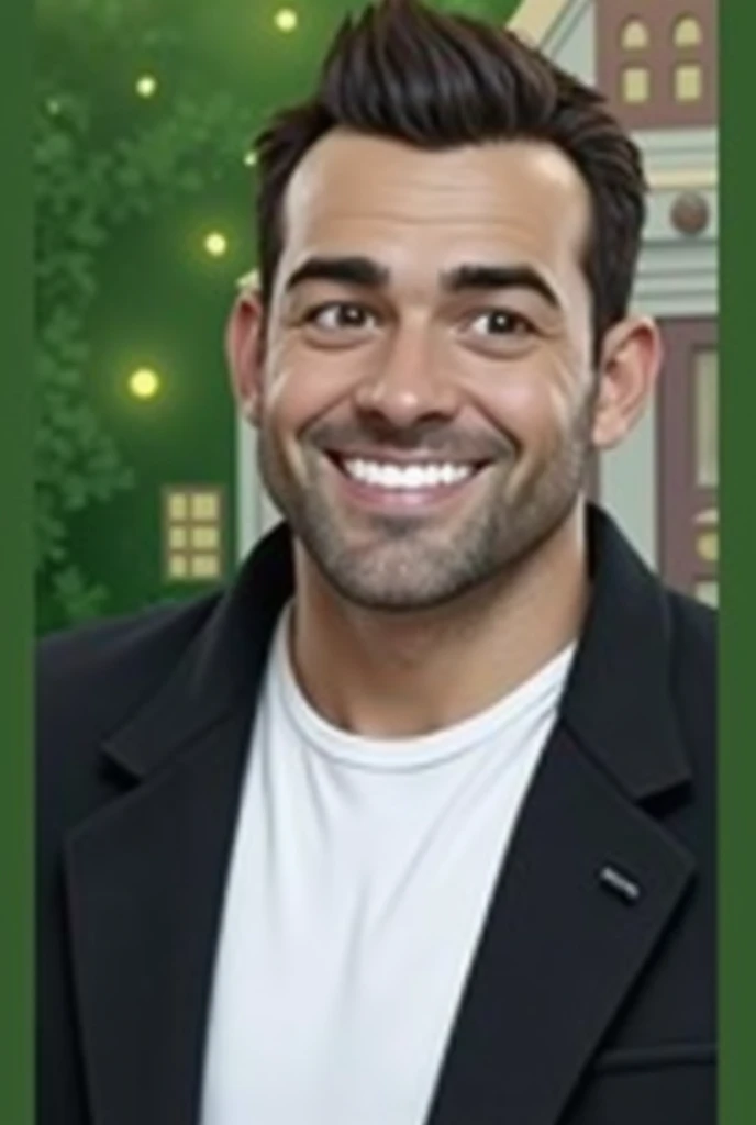 Use the man in the inspiration image, insert a woman into the scene, his wife and 3 children, everyone smiling like a happy family, use a house and trees as a background, create image in Disney character style