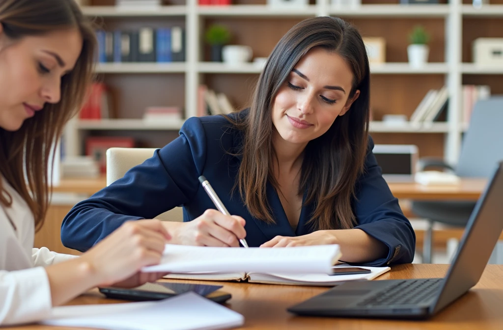 Two American female white-collar workers are writing work diaries in the office，8k HD resolution，Natural light and shadow