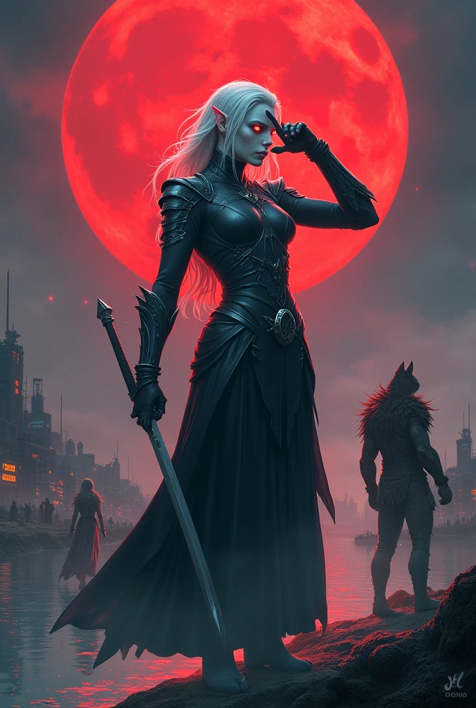 Nordica with White skin, iridescent and shining white eyes, holding a white weapon in her hand raised in front of her face, covering her face as if protecting her from shrapnel, in a city environment with a large dark red moon, a river on the left with water crystalline reflecting the moon, some quadrupedal animals with short fur and some people seen with their backs in front of the camera, the Nordica with pointed ears and glowing eyes, distant from men in semi-naked military clothing