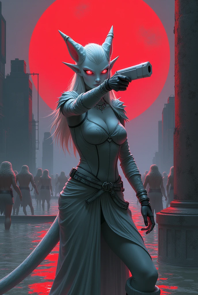 Nordica with White skin, iridescent and shining white eyes, holding a white weapon in her hand raised in front of her face, covering her face as if protecting her from shrapnel, in a city environment with a large dark red moon, a river on the left with water crystalline reflecting the moon, some quadrupedal animals with short fur and some people seen with their backs in front of the camera, the Nordica with pointed ears and glowing eyes, distant from men in semi-naked military clothing