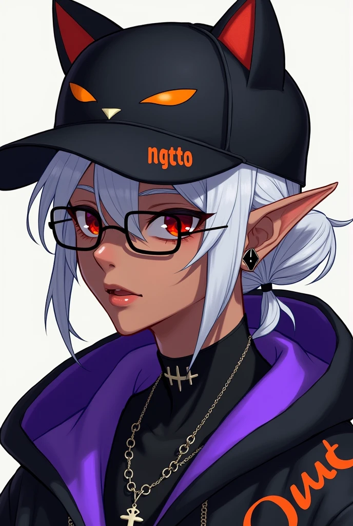 young man, Black skin tone, dark red eyes, elf ear small size, black earring in the shape of a cross but with two ears, wears prescription glasses, White hair, hair tied with ponytail, 2 strands of hair in the front, wears a black cap with a cat face, wears a closed hood with two different colors, black on one side and purple on the other, with an orange name written: NGGTO