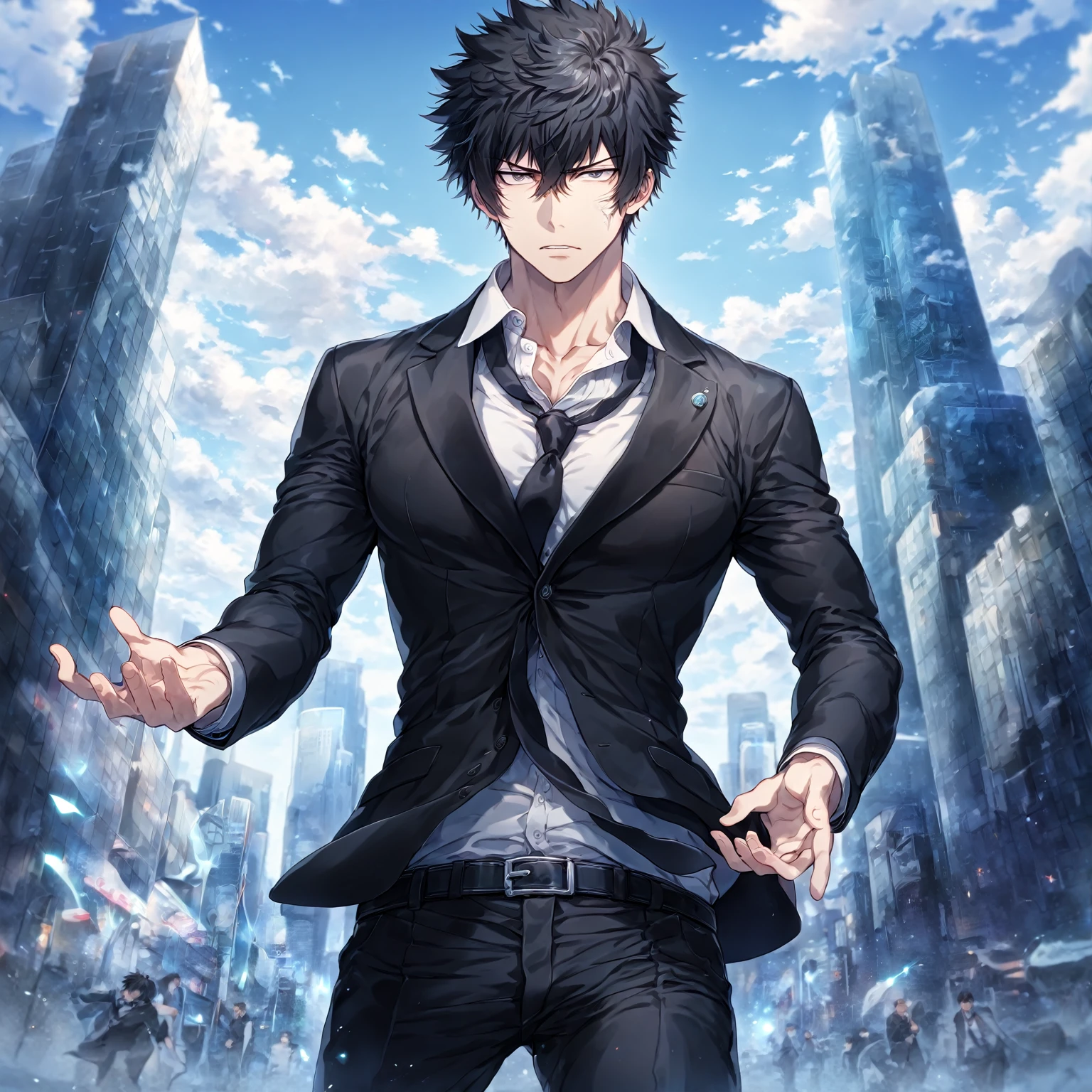 absurdres, highres, ultra detailed, HDR, master piece, Kougami Shinya, black hair, expressive gray eyes, black jacket, white shirt, black necktie, Psycho Pass, sexy man, handsome, best quality, fantasy, magical, solo, sensual, city, clouds, blue sky, manly man, black pants, black belt