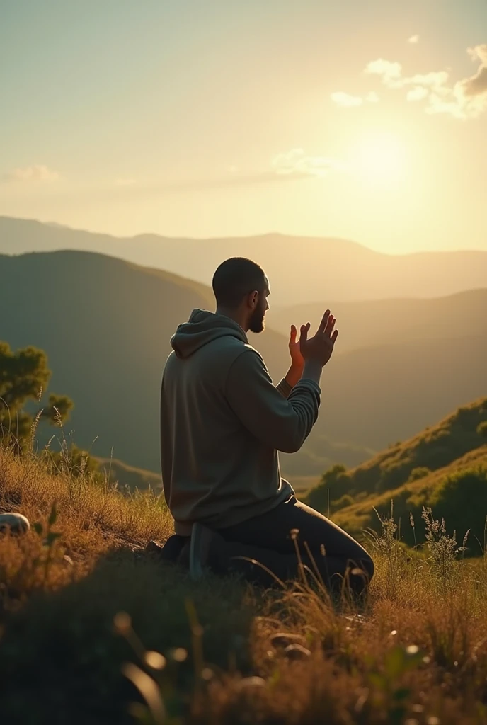 Christian man praying to God with his head DOWN and his HANDS up in a country place