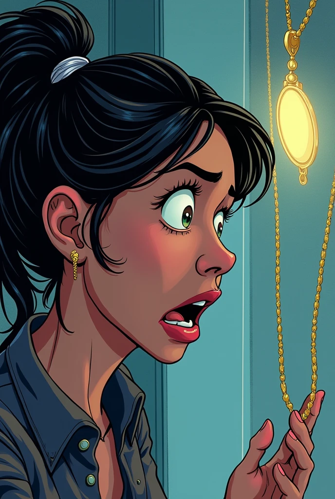 Scared woman looking at the shop window, empty without her necklace animated style