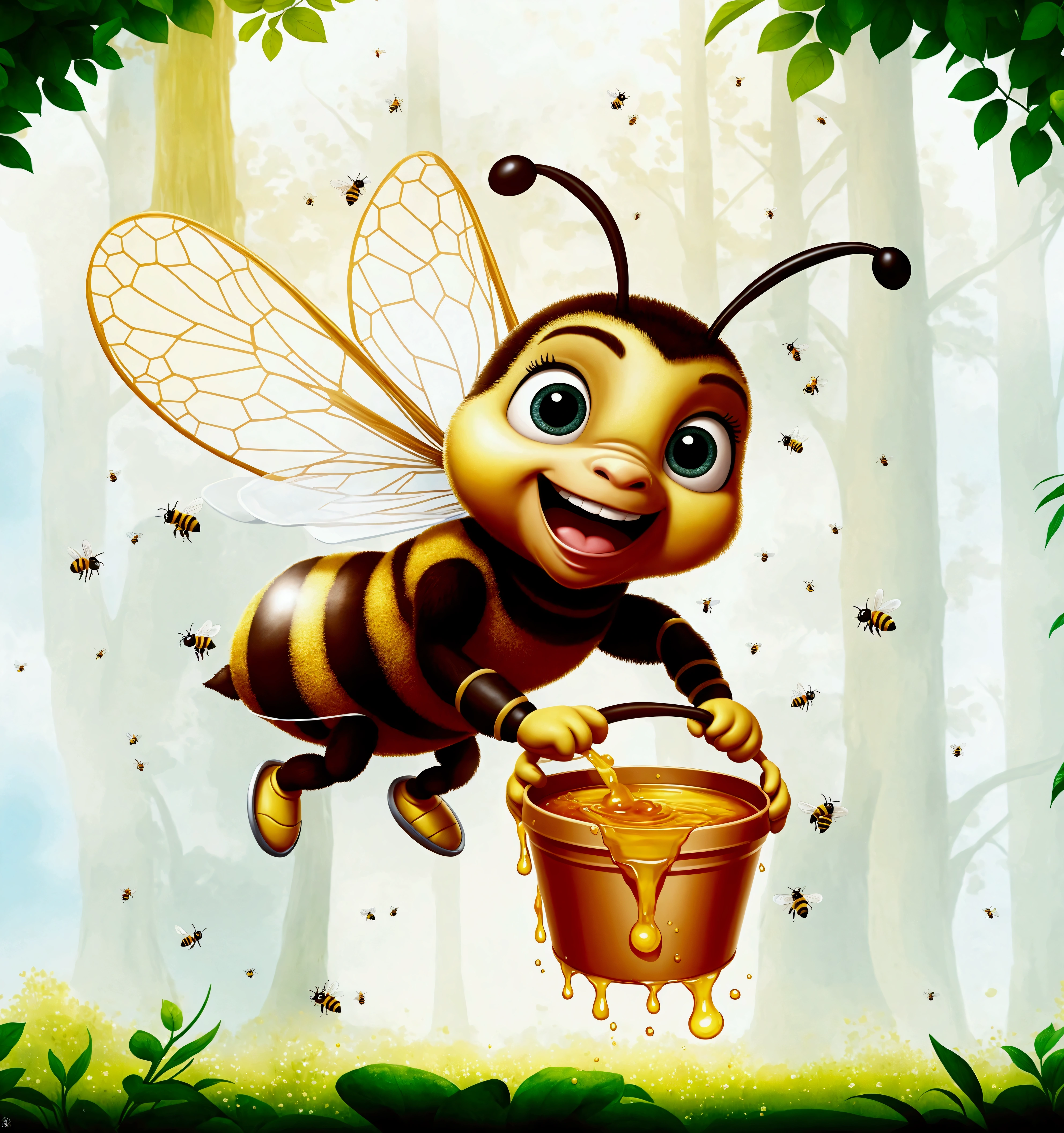 cartoon bee flying with a bucket of Miel in the forest, painting big abejas flying around, Abeja Maya, apicultor de fantasía, (bee), Miel and bee hive, Miel, 3 d bee, abeja grande, Pintura en primer plano de abeja, Ser feliz, arte conceptual de la abeja de la estructura humana, bee, made of abejas, abejas flying, dripping Miel, abejas, Miel dripping