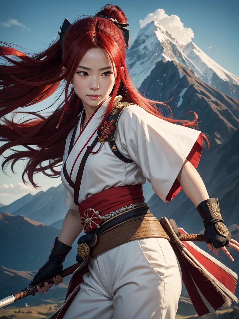 masterpiece, Best quality,1 girl, red a gift, a gift, long hair, hair a gift, ainu clothes, One, hair band, bird, black hair, fingerless gloves, Short sleeves, gloves, sash, trousers, bang, red hair band, weapon, breast, Brown eyes, white trousers, kimono, embarrassed, slight smile, official art, Good composition, Formal Pose, detailed portrait, portrait, hips, Clouds and mountain background, Samurai, Onmyoji style, a high resolution, Dramatic lighting and shadows, Solar flares, blurred foreground