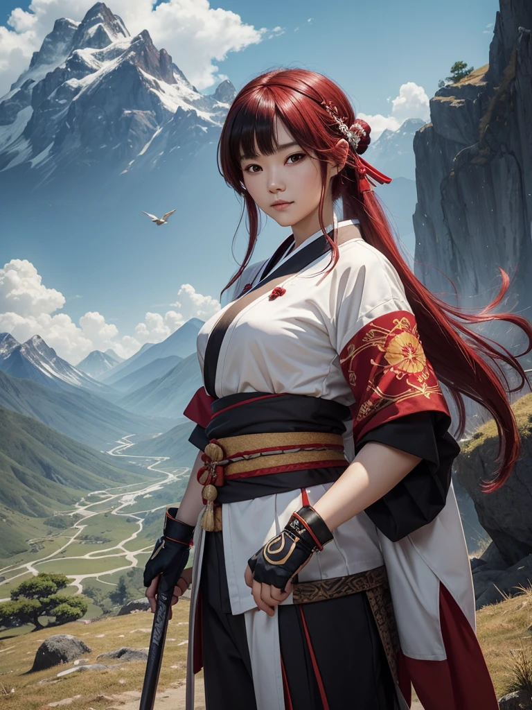 masterpiece, Best quality,1 girl, red a gift, a gift, long hair, hair a gift, ainu clothes, One, hair band, bird, black hair, fingerless gloves, Short sleeves, gloves, sash, trousers, bang, red hair band, weapon, breast, Brown eyes, white trousers, kimono, embarrassed, slight smile, official art, Good composition, Formal Pose, detailed portrait, portrait, hips, Clouds and mountain background, Samurai, Onmyoji style, a high resolution, Dramatic lighting and shadows, Solar flares, blurred foreground