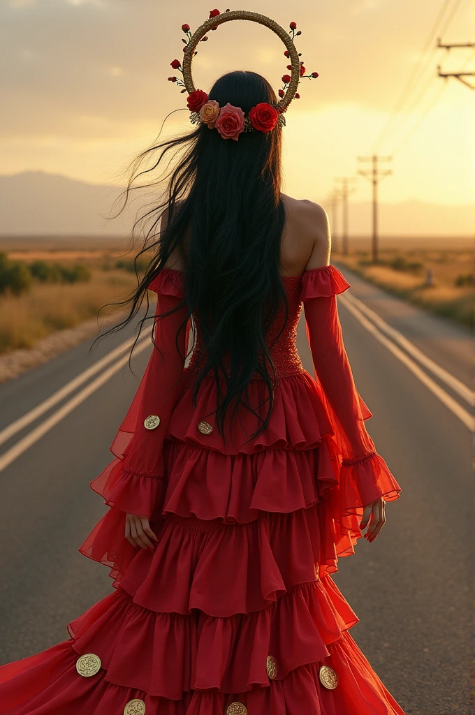 gypsy lady of the road, with the red dress, with a skirt full of ruffles and gold coins on the ends, a golden circle on the head with a rose and long black hair