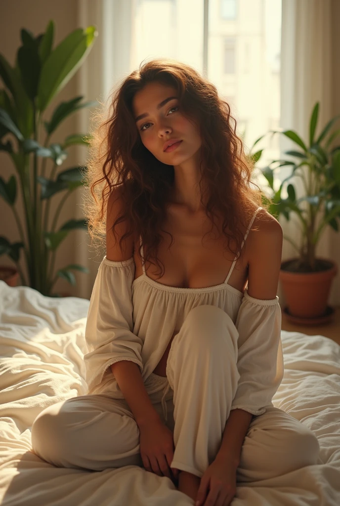 (photorealism:1.2), beautiful woman, sitting on bed, wearing loose off-shoulder top, pajama pants, long curly hair, indoors, soft lighting, plants in background, window with sunlight, cozy room, relaxed pose, realistic, intricate details, warm colors, by Greg Rutkowski, by Alphonse Mucha