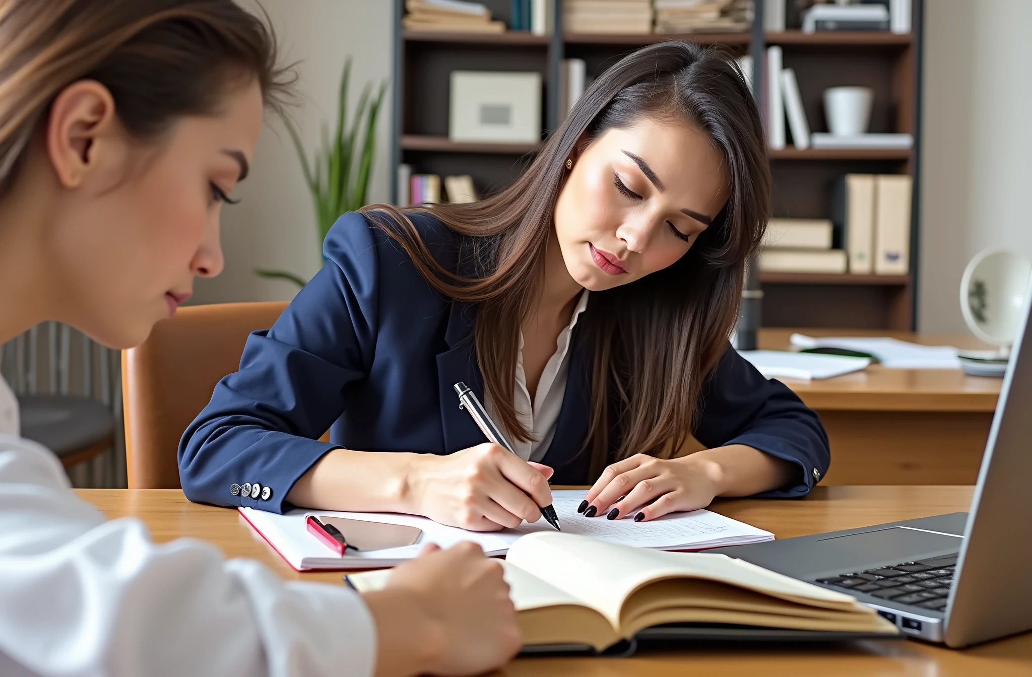 Two American female white-collar workers are writing work diaries in the office，8k HD resolution，Natural light and shadow