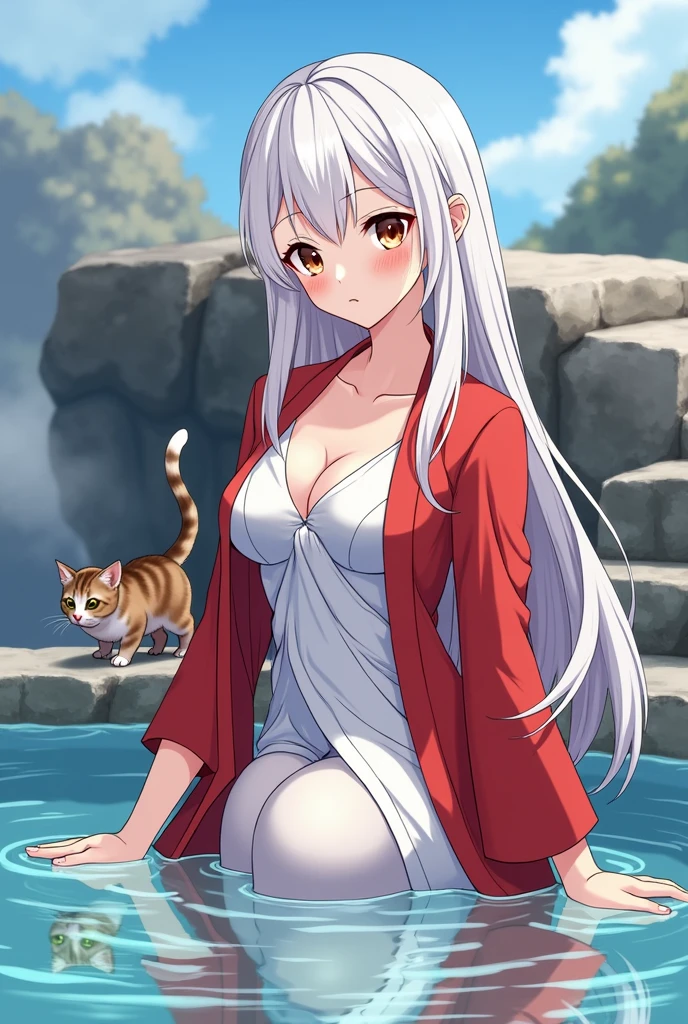 1 girl(masterpiece,top quality,best quality,official art,Beauty and aesthetics:1.2),silky smooth white hair,brown eyes,long hair,big sister,tall figure,enchanted,enchanting,Flushed complexion, playful expression while Blushing, super gigantic breasts,Breasts larger than the head,Red and white kimono, clogs,Off the shoulders,detailed cleavage,Sitting on the stone steps by the water of a hot spring, steam over the water, thigh exposed, small tabby cat passing by behind her, soft hands, defined nails, white beautiful eye lashes.