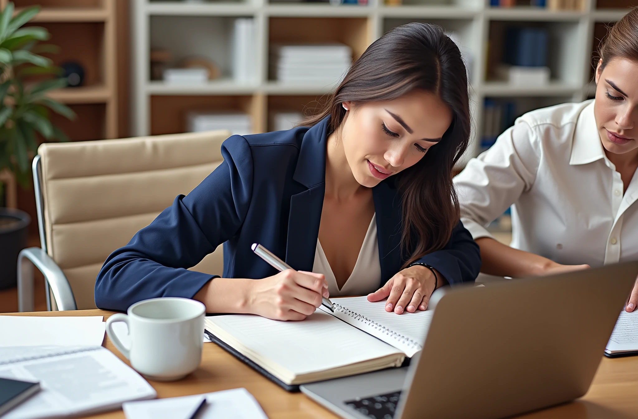 Two American female white-collar workers are writing work diaries in the office，8k HD resolution，Natural light and shadow