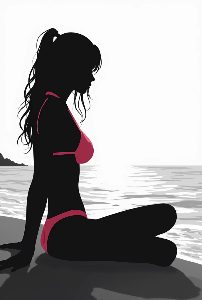 Silhouette of a girl sitting on the beach in a pink bikini and everything is black