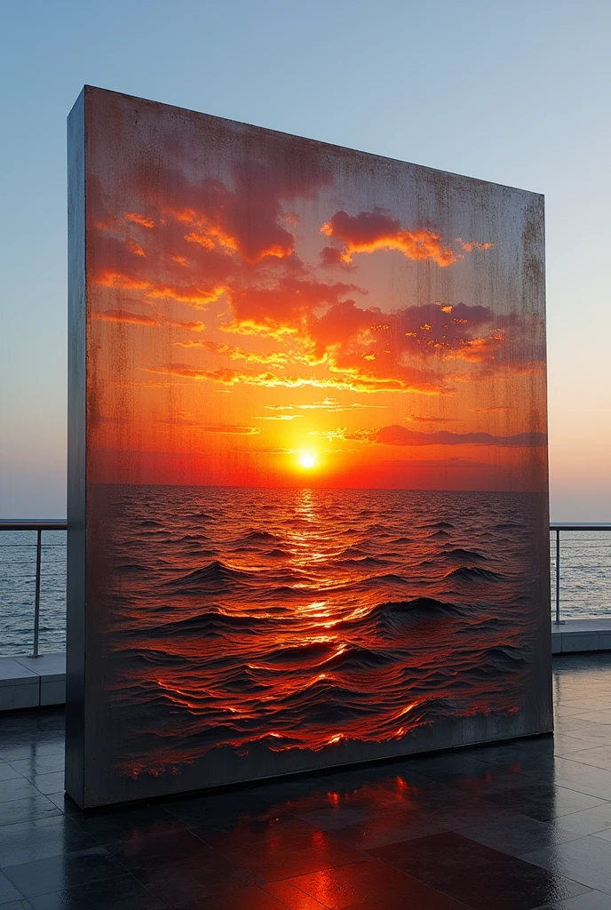 A sheet of steel that is carved from a sunset of the sea and the sun, without clouds and you can see in the upper right corner the text “the sunsets” and under it the numbers “1517” appear
