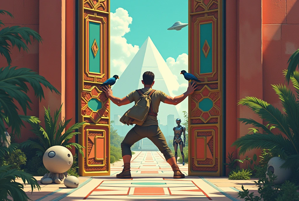 Un homme avec des vêtements futuristes pousse des deux mains des portes futuristes  avec des figures géométriques de couleurs différentes sur la porte et devant lui une pyramide avec de l'herbe et des animaux ,le tout ressemblent à la peinture que j'ai publié et un robot et à côté devant une des portes et le personnage caucasien avec un Péroqué sur l'épaule et un aspect baroque est légèrement ajouté une soucoupe volante est ajouté et un extra terrestre petit gris. 