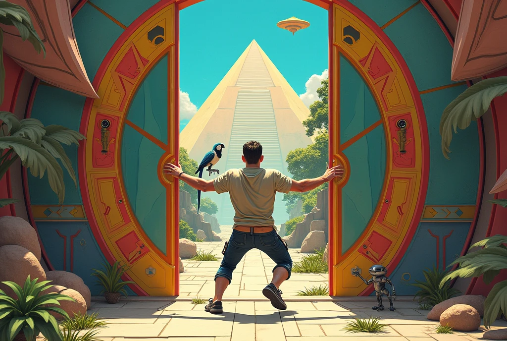 Un homme avec des vêtements futuristes pousse des deux mains des portes futuristes avec des figures géométriques de couleurs différentes sur la porte et devant lui une pyramide avec de l'herbe et des animaux ,le tout ressemblent à la peinture que j'ai publié et un robot et à côté devant une des portes et le personnage caucasien avec un Péroqué sur l'épaule et un aspect baroque est légèrement ajouté une soucoupe volante est ajouté et un extra terrestre petit gris.
