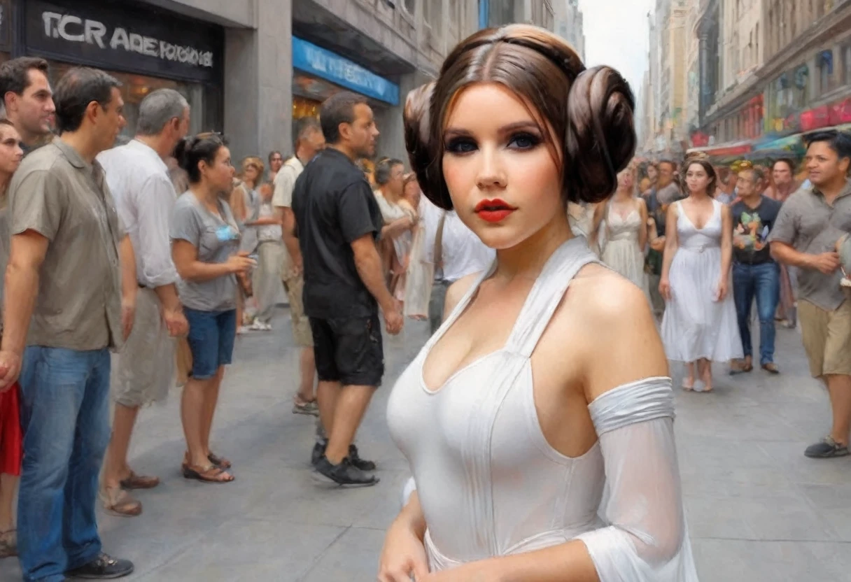 a cute woman in a sexy princess Leia cosplay, beautiful detailed eyes, beautiful detailed lips, extremely detailed face, long eyelashes, sheer dress, white dress, airy dress, legs exposed, bust exposed, sultry stroll, crowded comic and sci-fi convention, many cosplayers, (best quality,4k,8k,highres,masterpiece:1.2),ultra-detailed,(realistic,photorealistic,photo-realistic:1.37),HDR,UHD,studio lighting,ultra-fine painting,sharp focus,physically-based rendering,extreme detail description,professional,vivid colors,bokeh,portraits,photography, mainly view the cute woman from behind, mainly low angle looking up