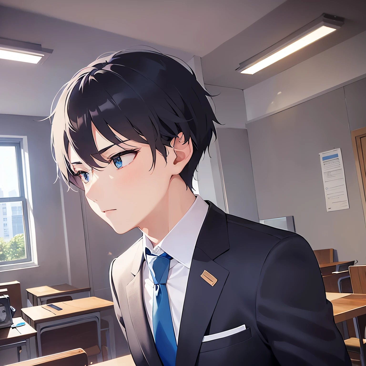 (looking away:1.5)side ungle,shiny skin, masterpiece、Highest quality、
(2 male:1.5) and (Black short hair) and (blue eyes),
(Wearing a suit:1.5) and (Blue tie)、
Serious、The background is the conference room、(alone:1.5)