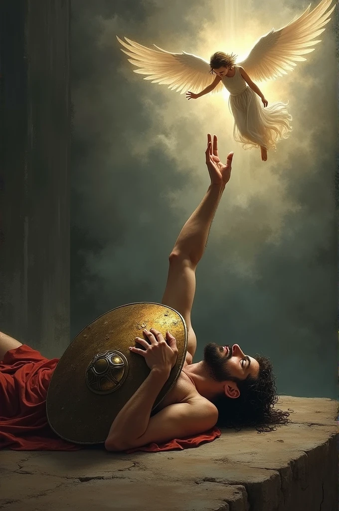 Create a drawing in honor of my father and daughter who died.
I need a drawing of a Spartan warrior returning from battle, turned on his back with a shield in his hand and the other holding a flying angel